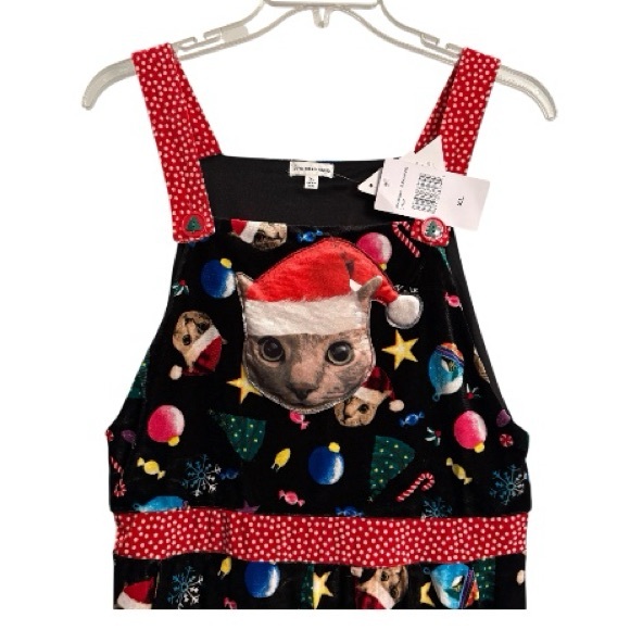 Love On A Hanger Women's Black Christmas Kitty Cat Velour Overalls XL - Picture 5 of 10